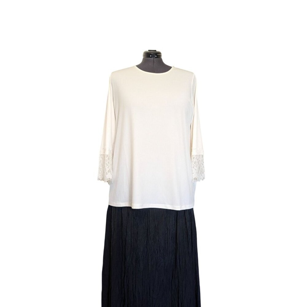 Susan Graver Occasions Womens Plus 1X White Tunic Blouse Liquid Knit Lace Career